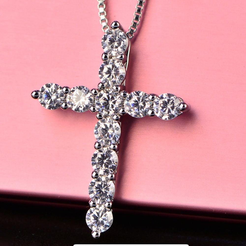 💥Silver + Platinum plated CZ cross + necklace